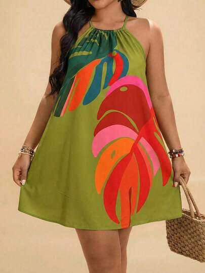 Travachic 大码无袖彩色树叶印花夏季连衣裙