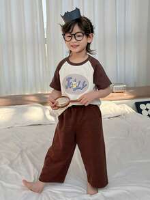 DAZY Young Boy Crew Neck Cartoon Letter Print Short Sleeve Top And Striped Wide Leg Pants Casual Loungewear Pajama Set - Brown - View 3