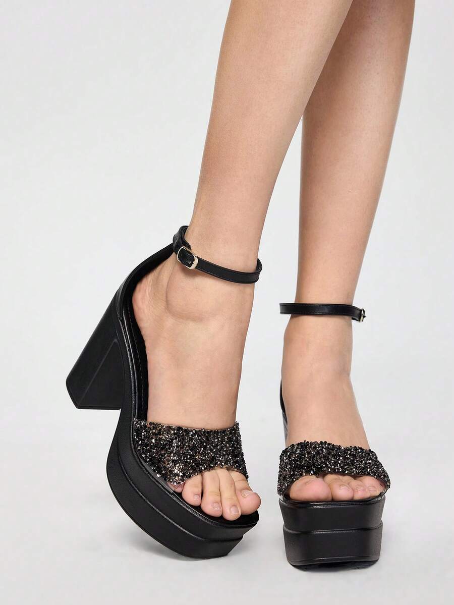 ROMWE Goth Women's High Heel Sandals, 2025 New Stylish High Heels Platform Casual Sandals - Black - View 1