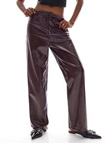 Aveloria Affinna 深红色鳄鱼纹压花PU面料百搭直筒优雅休闲百搭女裤 - 酒紅色 - 查看 1