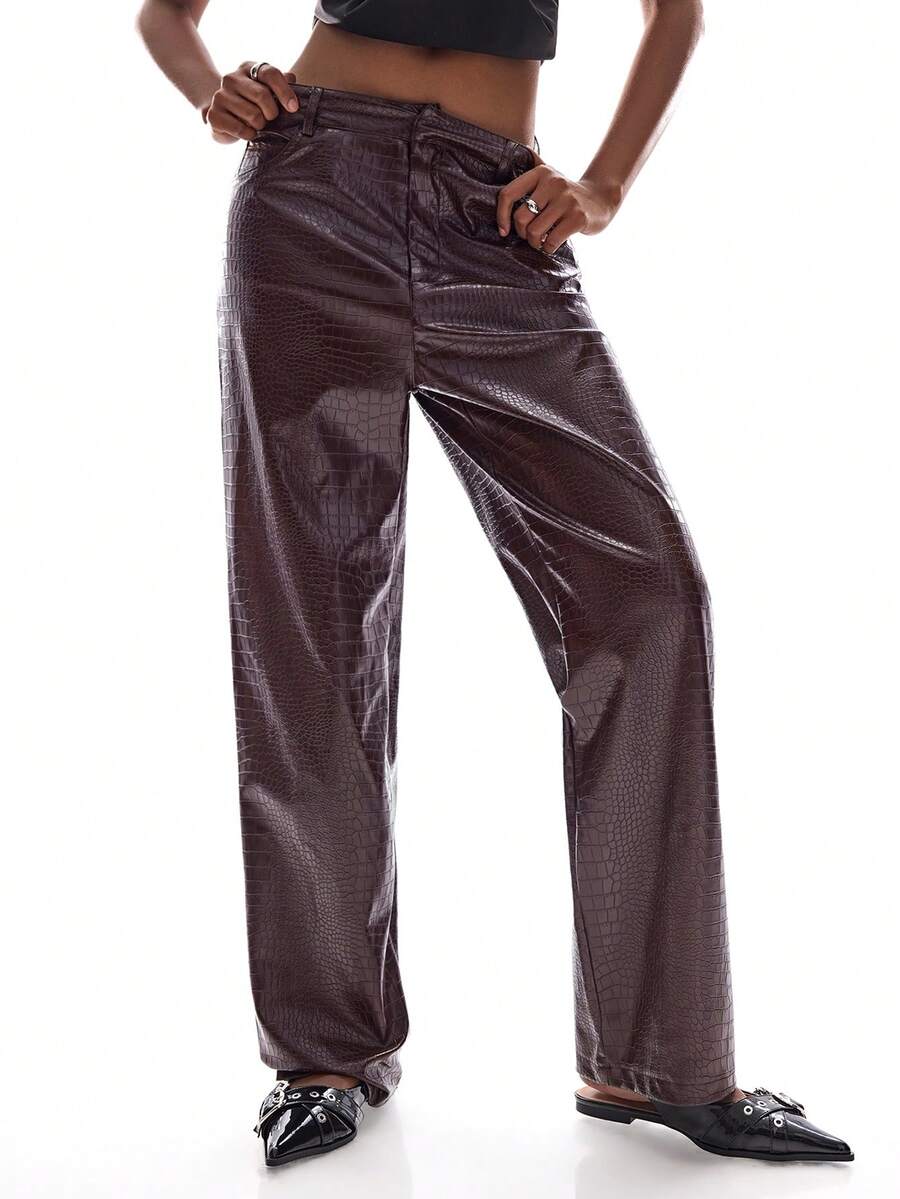 Aveloria Affinna 深红色鳄鱼纹压花PU面料百搭直筒优雅休闲百搭女裤 - 酒紅色 - 查看 1