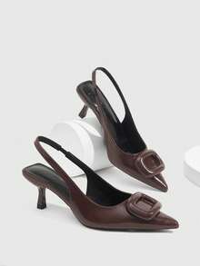 CUCCOO SZL Women's Square Buckle Pointed Toe Slingback Stiletto High Heel Sandals, Simple & Fashionable Spring Shoes Spring Break Easter Spring Shoes - dark brown - View 2