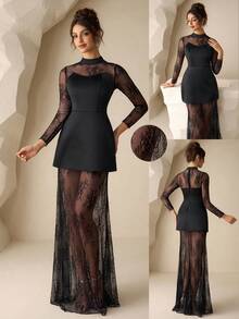 Coutiva 女士立领长袖网纱拼接优雅收腰正式晚礼服（装饰款） - 黑色 - 查看 8