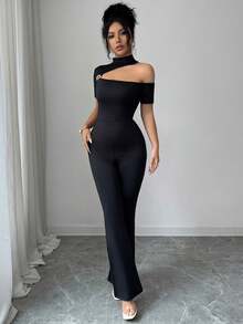 Elenzga 女士黑色高领金属纽扣不对称肩部修身连体裤，喇叭袖设计，优雅时尚，适合生日、约会、派对、正式场合、鸡尾酒会、音乐节、情人节、复活节、劳动节、返校季、光棍节、春夏等各种场合。 - 黑色 - 查看 6