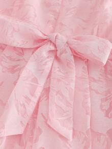 Franclia 2026 Elegant Dress, Ruched Waist Floral Jacquard Dress With Ruffled Collar, Comfortable Lining, Suitable For Commuting, Vacation, Evening Party, Spring/Summer New Arrival Pink Floral Dress Women's Pink Dress Pink Tea Party Dress Beaded Neckline Dress Pink Floral Women Dress Rose Dress - Pink - View 4