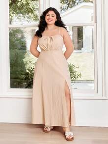 Solflare Summer Boho Plus Size Maxi Dress,Beige Cotton Spaghetti Strap Ruched Bust High Slit Vacation Holiday Dress For Women,Casual Soft & Comfortable Gown - Apricot - View 5