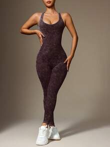 Slayform 1 件女士水洗哑光交叉后背 V 领运动连体裤，适合中国新年 - 中紫紅色 - 查看 2