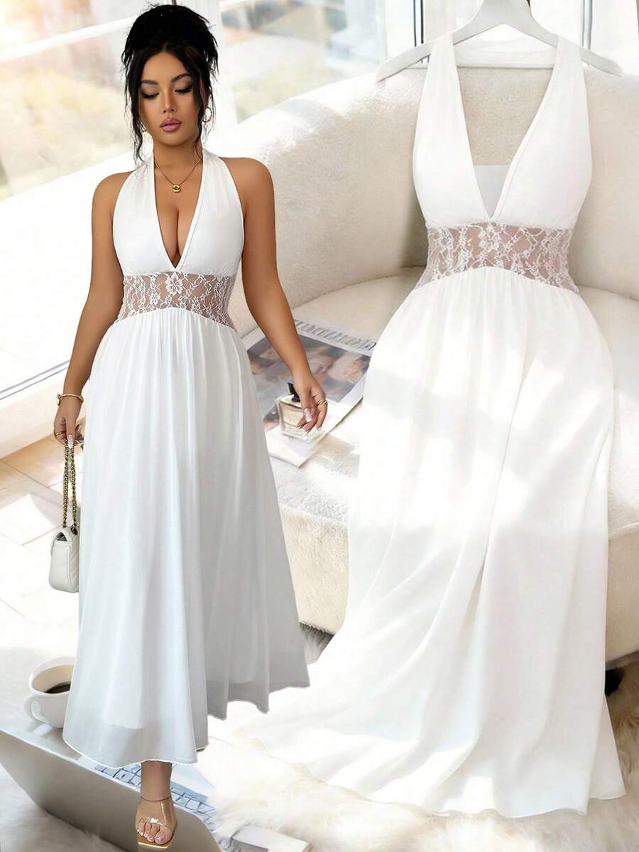 Elenzga 2026春夏新款女士优雅收腰度假蝴蝶结拼接长裙 - 白色 - 查看 1