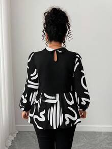 Elenzga Camisa de manga larga con cuello vuelto y estampado de color contrastante para tallas grandes - Negro - Ver 2