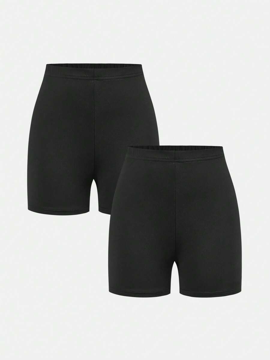 SHEIN Teen Girls' Black Knit Elastic Leggings, All-Match Riding Pants, Minimalist Versatile Everyday Activewear - Black - View 1