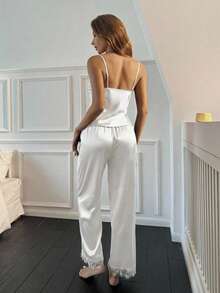 Aloruh Contrast Lace Cami Top & Pants PJ Set / Pajama Set White Set - White - View 3