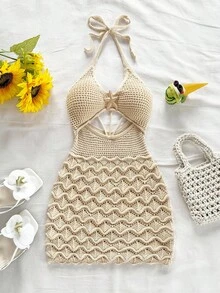 Soleia 大码性感吊带V领镂空金属海星紧身连衣裙，适合度假、约会、下午茶、假日、音乐节、波西米亚风、海滩度假、夏季等场合。 - 杏色 - 查看 8