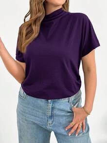 SHEIN Essnce 大码女装春夏时尚休闲宽松舒适日常修身短袖上衣，简约风格，适合教堂、工作场合穿着 - 紫色 - 查看 5