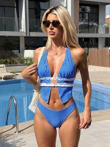 Bonvoyette-D Blue & White Plaid Random Print Frill Halter Tie Back Casual Cute Beach Tankini Swimwear For Women, Spring/Summer - Blue and White - View 1