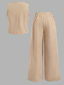 Firerie Kids Firerie Kids Bộ đồ thể thao thường ngày thanh lịch cho bé gái tuổi teen, màu trơn, gồm áo vest không tay cài cúc phía trước và quần ống đứng, màu kaki. - Màu Khaki - Xem 2