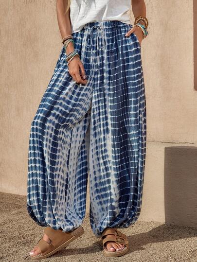 Wildy BOHO Casual American Western Vintage Tie-Dye Women's Basic Everyday Wear Outdoor Commute Pocket Pants, Spring/Summer