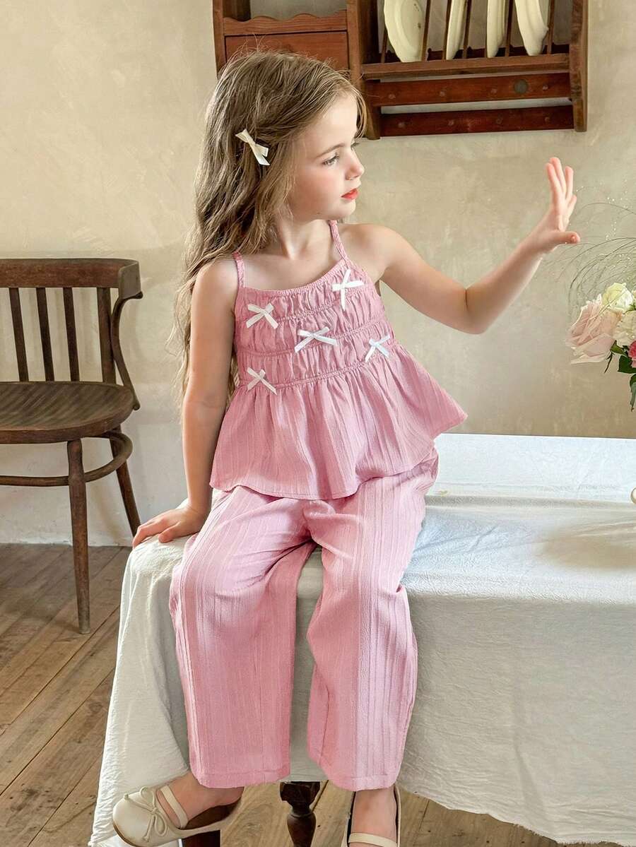 LMoss Kids 2 piezas Conjunto de top de tirantes de unicolor tejido y pantalones casuales holgados para niña joven - Rosa Pálido - Ver 1
