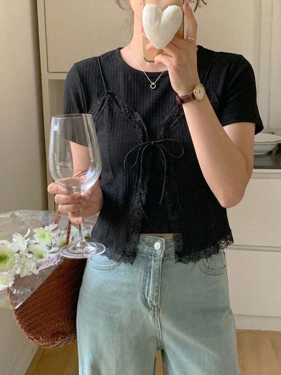 DAZY Women's 2 In 1 Lace Patchwork Round Neck Short Sleeve T-Shirt Summer - Black - View 1