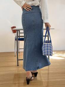 DAZY 女士常规腰长款鱼尾裙，优雅水洗弹力修身牛仔裙 - 中等水洗藍 - 查看 4