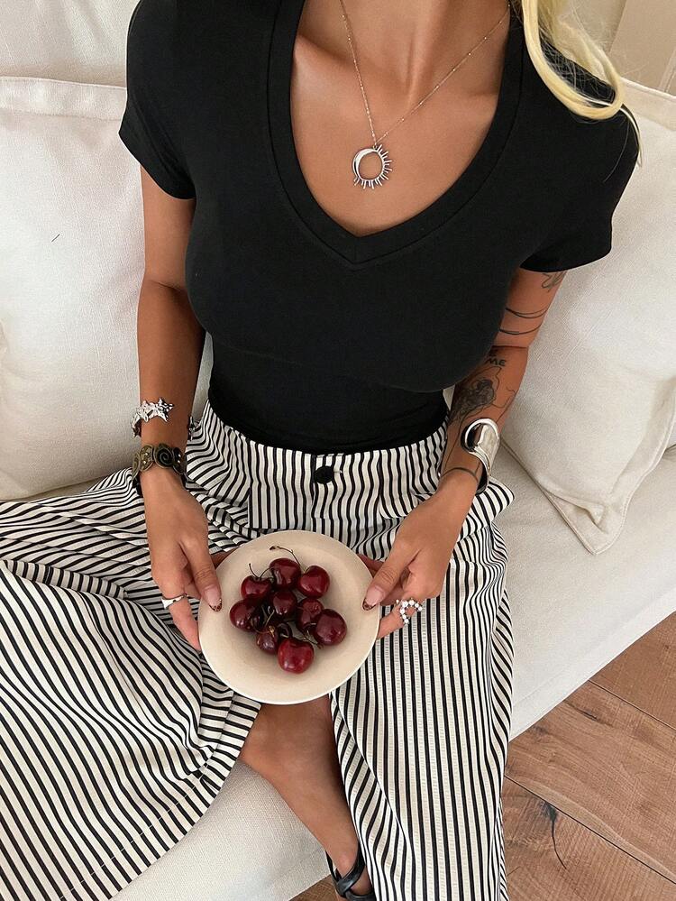 Women's Solid Color Short Sleeve Top And Striped Pants 2 Pieces Set