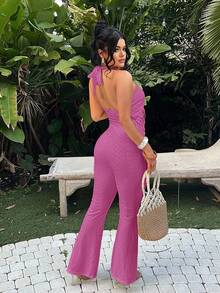 SHEIN SXY 女士露背吊带镂空性感连体裤，适合约会、度假和外出。 - 粉色 - 查看 2