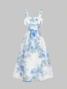 SHEIN MOD Váy suông voan organza họa tiết hoa thanh lịch dành cho nữ, phong cách nghỉ dưỡng, mùa hè - Xanh và trắng - Xem 2