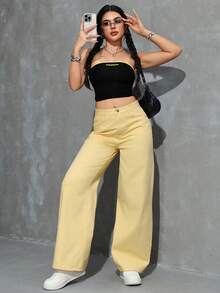 Jeanoix Women's Casual Solid Color Slant Pocket Straight Leg Jeans - Mustard Yellow - View 6