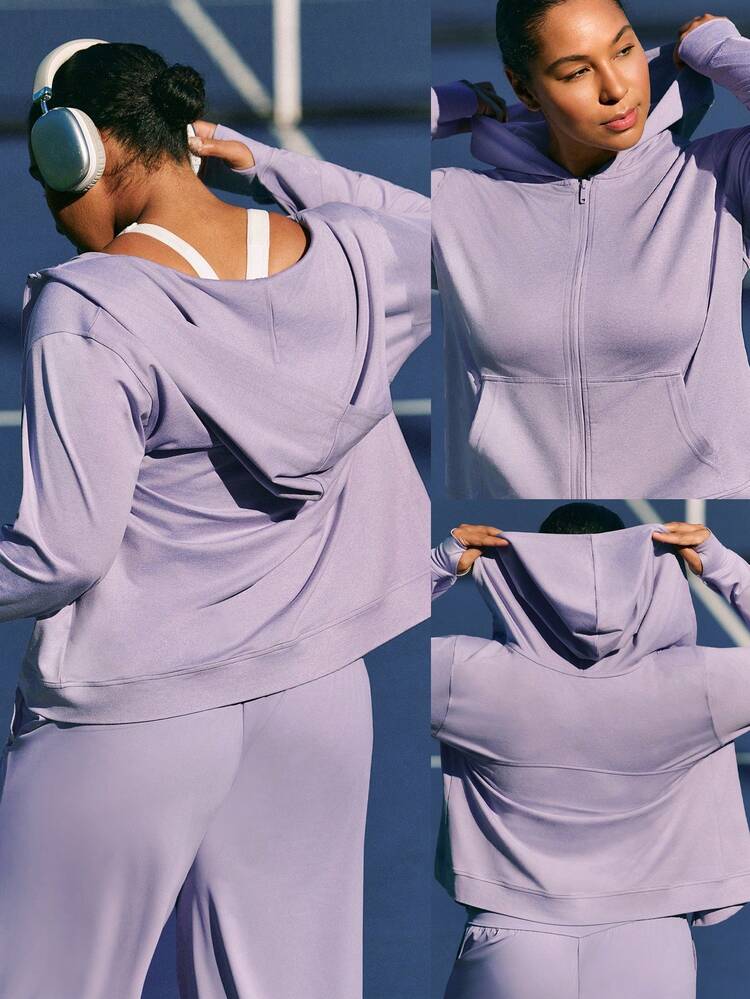 Plus Size CloudKnit City Chill Fitted Side Pockets Elastic Cuffs Zip-Front Hoodie Jacket Daily Casual Street Wear