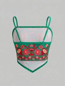 SHEIN Tween Girl Cute Floral & Cartoon Print Camisole Camisole, Vacation,Mothers Day Outfit,Graduation,Mommy And Me Matching Outfits,Mothers Day Outfit,Graduation,Mommy And Me Matching Outfits - Green - View 2