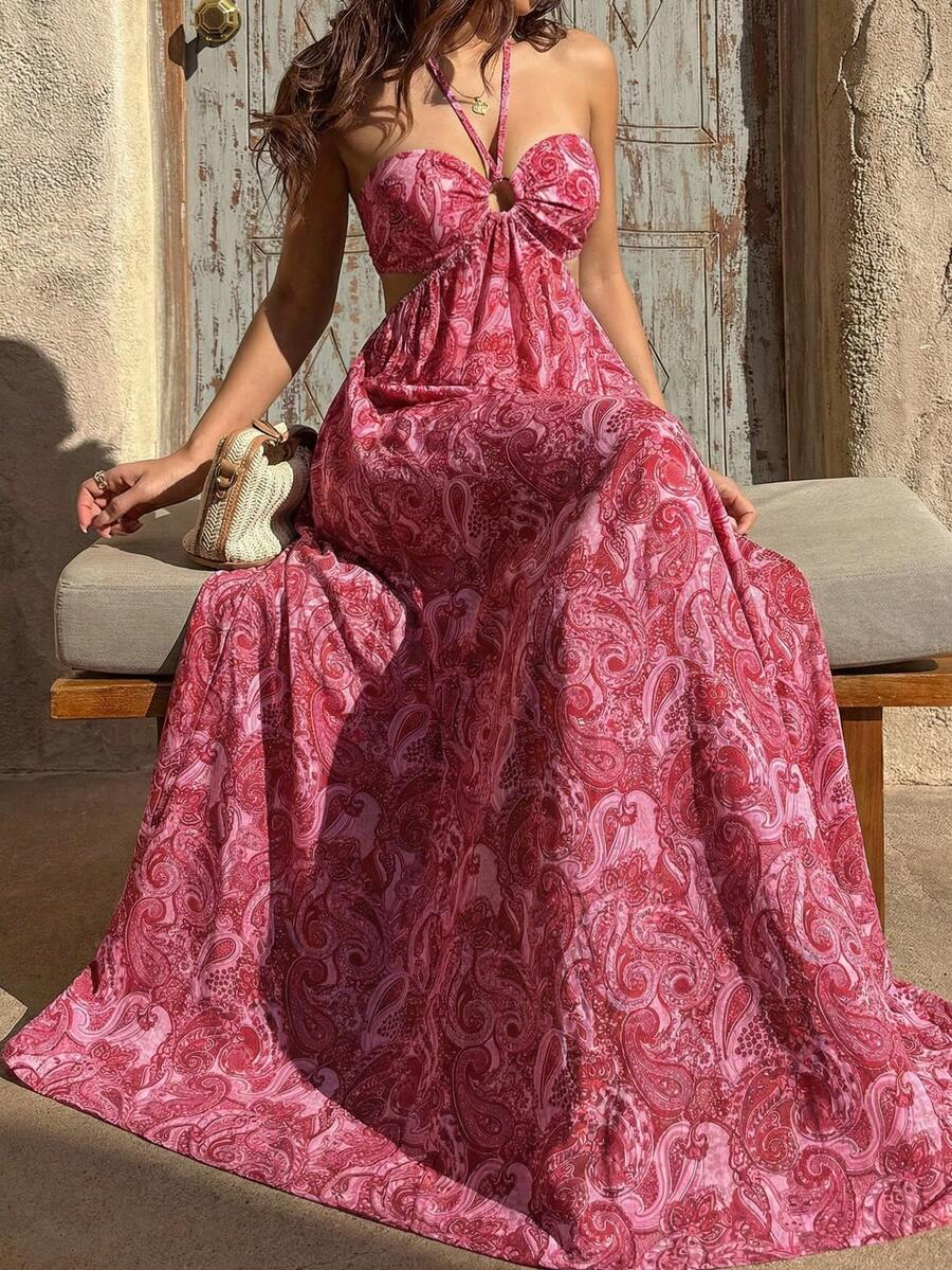 Sunnyshic 女士玫红色佩斯利印花无肩带系带修身连衣裙，性感别致的欧式海滩度假风 - 玫紅色 - 查看 1