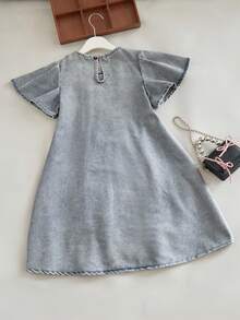 Retro tvättad denimklänning för flickor, volangärm, veckad design, lämplig för sommarresor, fest, bohemisk semesteroutfit - Blå - Visa 2