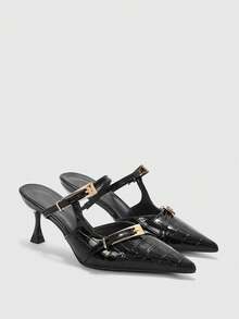 CUCCOO BIZCHIC 女士黑色鳄鱼纹漆皮尖头金属扣细高跟鞋 - 黑色 - 查看 7