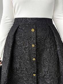 Elenzga 大码极简黑色提花A字裙，配玫瑰金金属扣 - 黑色 - 查看 4