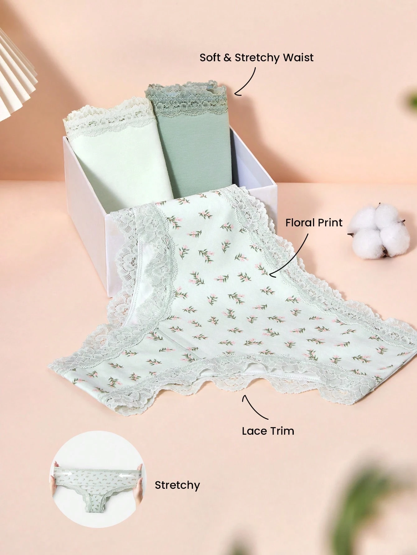 3 pièces Sous-vêtements culotte femme taille mi-haute en coton avec dentelle - Imprimé floral avec bordure en dentelle - Vert