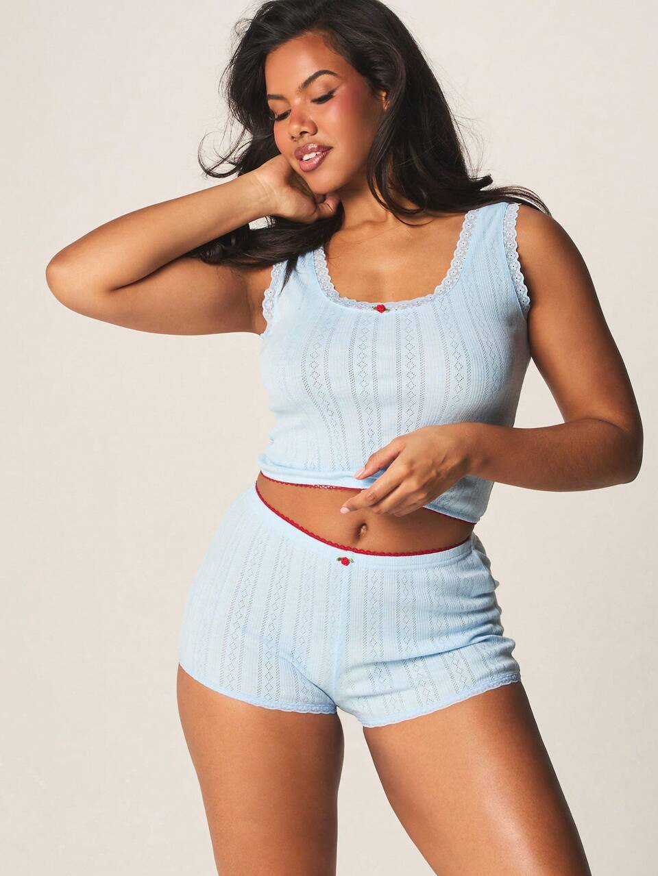 MISSGUIDED Pointelle Knit Lace Trim Camisole Tank Top And Hot Pants Shorts Sleepwear Pajama Set Loungewear Nightwear Ribbed Co-Ord Summer Sleep Set