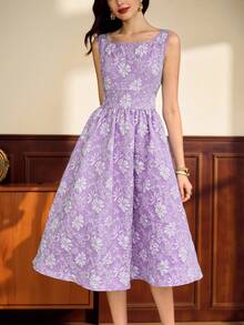 Vintamour Vintage Damen Kleid mit quadratischem Ausschnitt und ohne Ärmel, weiß und blau mit Blumenmuster, Sommer, elegant, Hochzeitsgast Geburtstag Outfit, Old Money Stil Kirche Kleid mit Taschen - Mauve - Übersicht 4