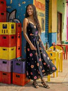 CAJUNI 黑色长款连衣裙，饰有热带元素刺绣 价格：32 - 黑色 - 查看 1