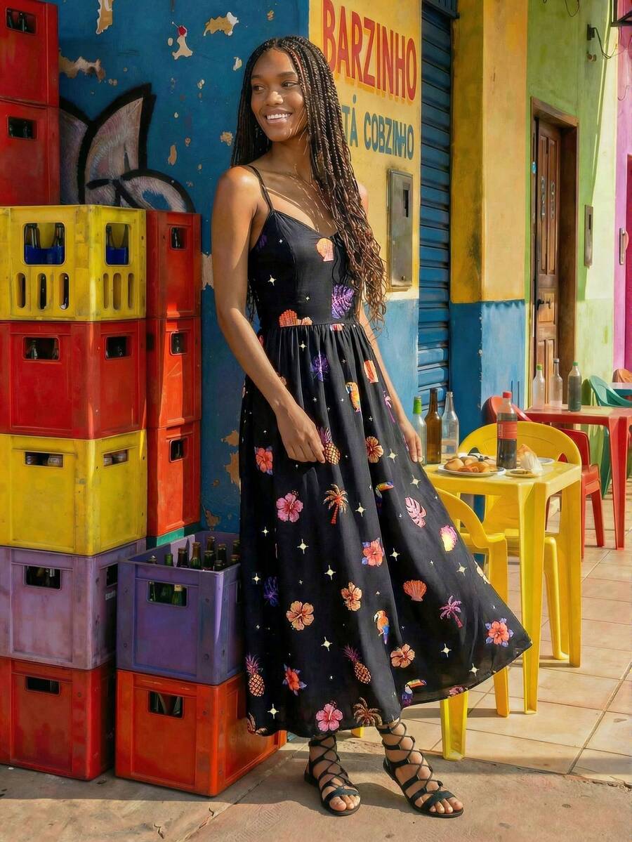 CAJUNI 黑色长款连衣裙，饰有热带元素刺绣 价格：32 - 黑色 - 查看 1