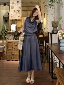 DAZY Women's Tencel Denim Draped Neck Elastic Ruched Waist Sleeveless Denim Dress - Blue - View 1