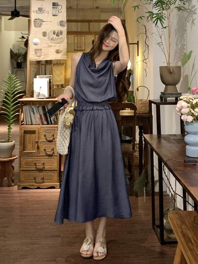 DAZY 女士天丝牛仔垂褶领口弹力褶皱腰身无袖牛仔连衣裙