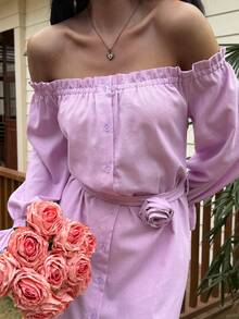 Livesso Rüschen-Saum Taille geraffte einfarbige Sommer Urlaubs Rosa Midi-Kleid für Frauen - Pink - Übersicht 1