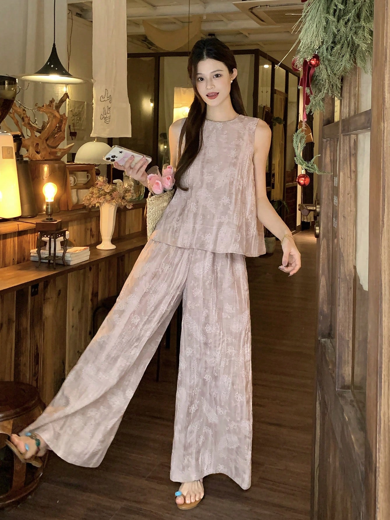 2pcs Women's Vintage Distressed Dual-Tone Linen Texture Casual Outfit Set Lounge Sets For Women