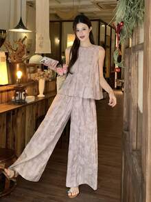 DAZY 2pcs Women's Vintage Distressed Dual-Tone Linen Texture Casual Outfit Set Lounge Sets For Women Summer - Pink - View 2
