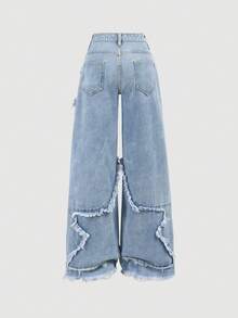 SHEIN Girlism 少女纯色毛边休闲百搭阔腿牛仔裤 - 淺色水洗藍 - 查看 2