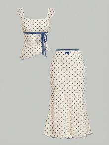 SHEIN MOD Summer/Spring Clothes Women,Summer Holiday Outfits , Party, Beach Vacation Outfits For Women ,Ceremony, Polka Dot Outfit, 2 Piece Skirt Sets Woman, Matching Set Skirt, Two Piece Skirt Set, Midi Skirt Set,Wedding Guest,Bridesmaid,Graduation,Vacation Two Peice Skirt Set Summer - Blue - View 1