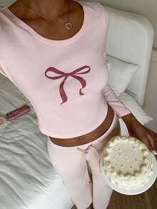 CovetEZ 2026 春季新款时尚百搭甜美休闲粉色蝴蝶结 3D 印花修身长袖 T 恤，春季，女士情人节，图案 T 恤，浅粉色 - 粉色 - 查看 5