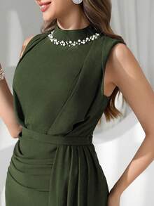 Coutiva Đầm dạ hội sang trọng đính sequin và ngọc trai, kiểu dáng cao cấp, mang đến vẻ thanh lịch. - xanh quân đội - Xem 1