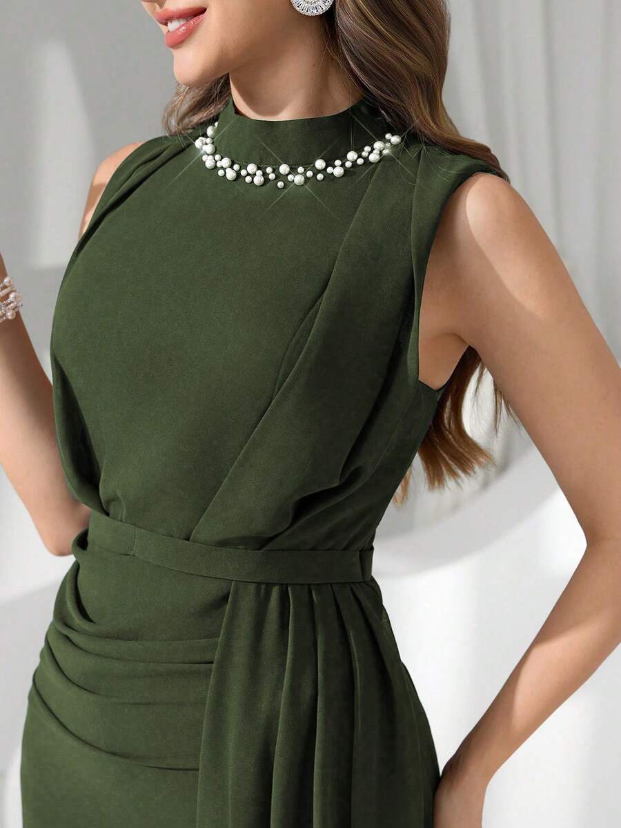 Coutiva Đầm dạ hội sang trọng đính sequin và ngọc trai, kiểu dáng cao cấp, mang đến vẻ thanh lịch. - xanh quân đội - Xem 1