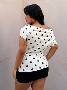 Rustia Plus Size Polka Dot Scoop Neck Sleeveless T-Shirt, Spring/Summer - Black and White - View 2