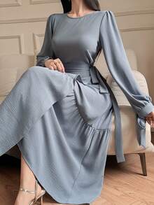 DAZY Conjunto de 2 piezas de blusa de manga abullonada de unicolor y elegante y falda con cintura anudada, para primavera/verano - Azul - Ver 3